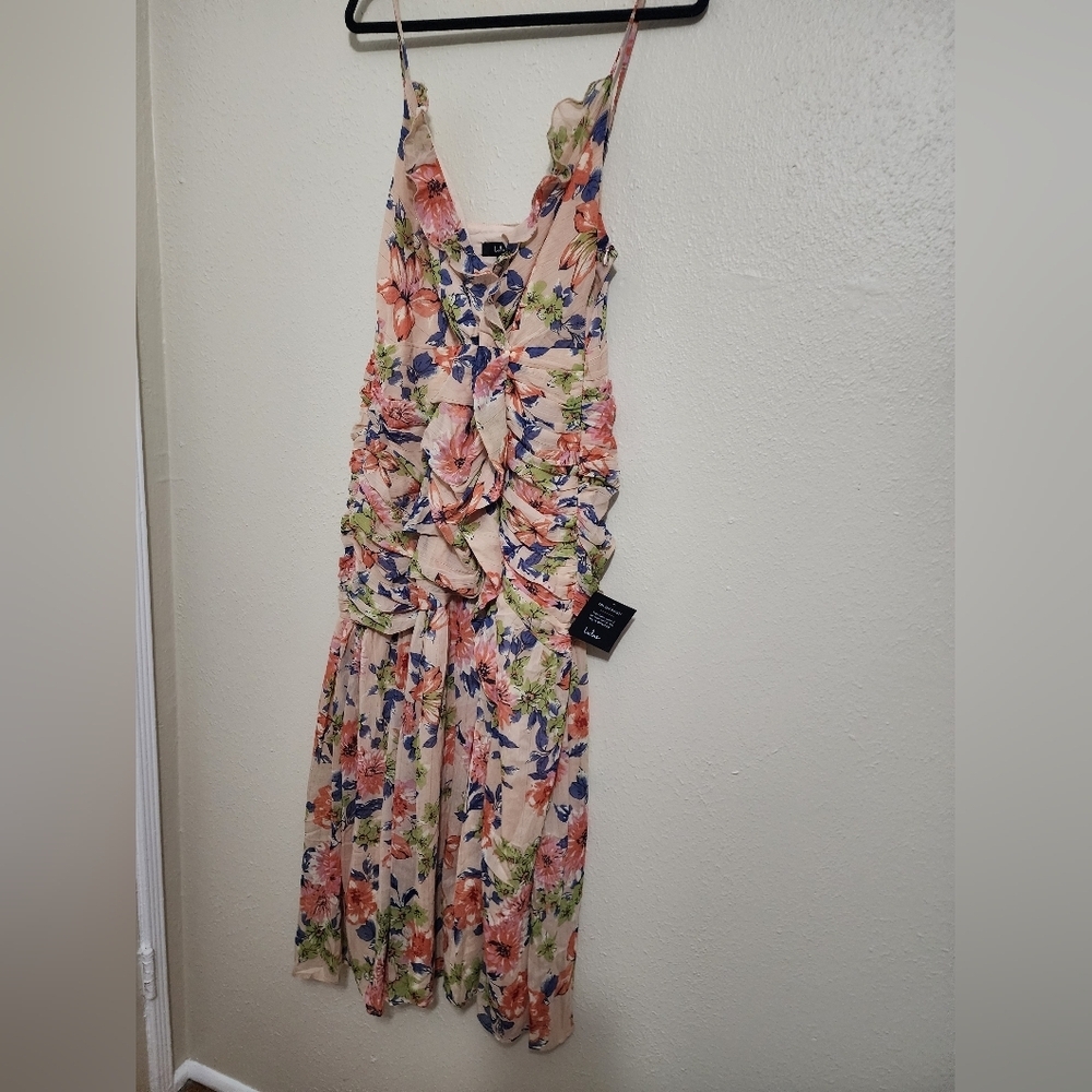 Lulus Stunning Soiree Blush Pink Floral Print Ruched Midi Dress XL Wedding Party - Picture 7 of 12